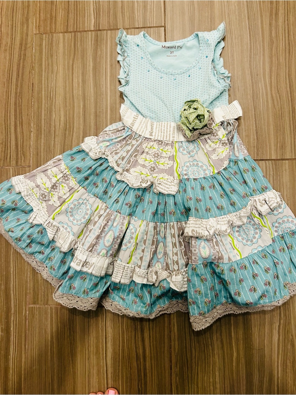 Mustard Pie Aqua and Gray Patchwork Ruffle Skirt with Flower Accent